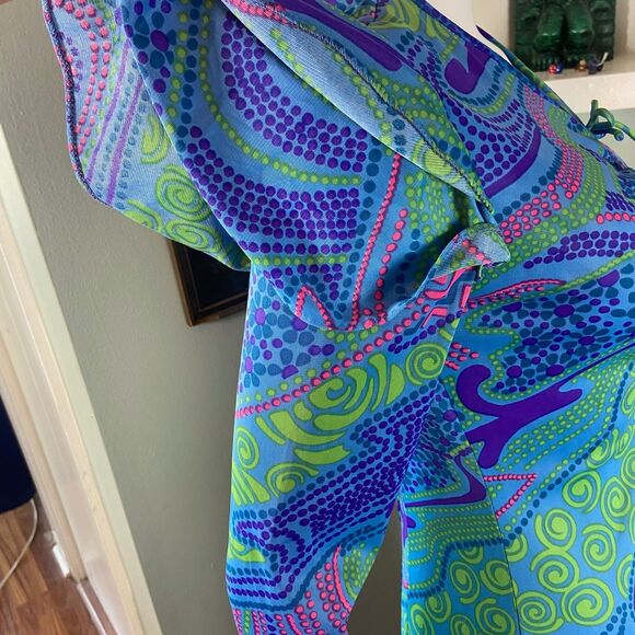 Vintage 70s Gay Gibson Psychedelic Ruffle Flutter Sleeve Maxi Dress Abstract S/M - Picture 8 of 15